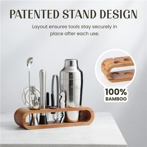 10 Piece Bartender Kit Cocktail Shaker Set with Bamboo Stand Bar Tools Gift - Picture 4 of 7